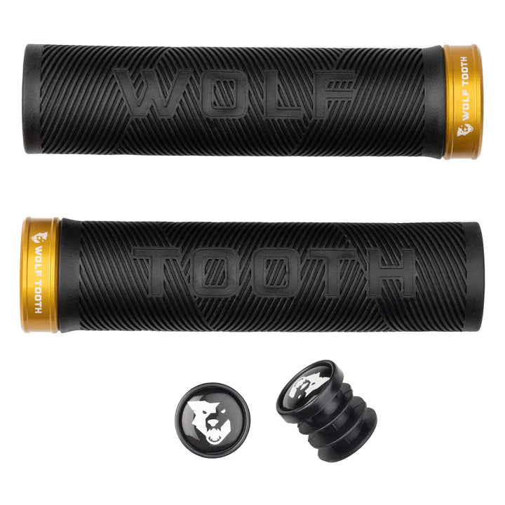 weather-resistant pro-grade grips-Neon trail headband-Wolf Tooth Echo Lock-On MTB Grips – Black-Gold