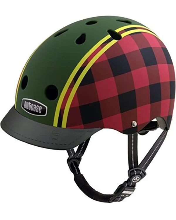 Thin trail leg bands-Bicycle helmet suit link-Nutcase Gen3 Urban Helmet - Lumberjack Graphic - Green-Red-Yellow