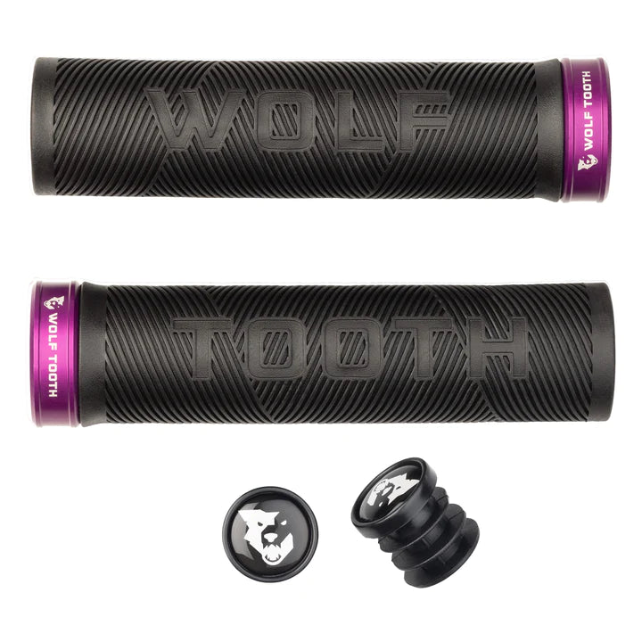 custom flat grips-Airy trail tank-Wolf Tooth Echo Lock-On MTB Grips – Black-Purple