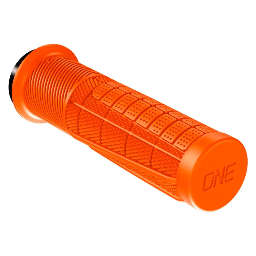 soft hybrid material grips-Reflective stretch bands-OneUp Thick Lock-On MTB Grips - Orange